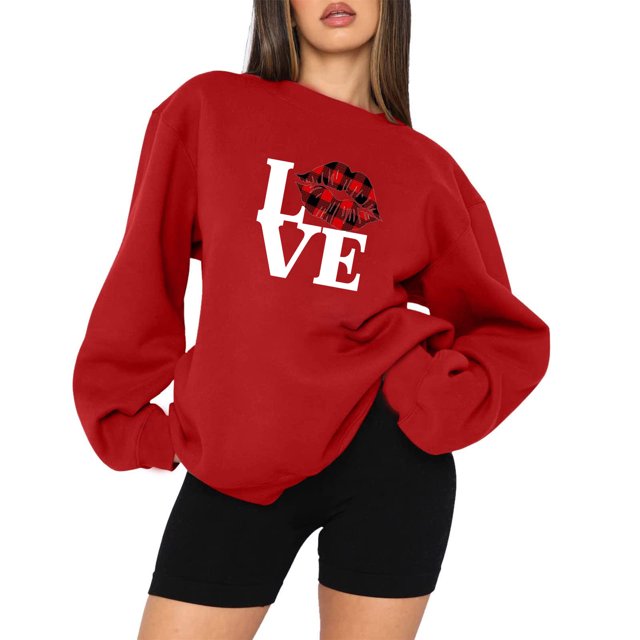 Qiopertar Femmes Décontracté Manches Longues Col Rond Hauts Blouse Ample Imprimé Saint-Valentin Chandail en Molleton Graphique Liquidation Livraison Gratuite à Moins de 5$ jusqu'à 90 % de Réduction