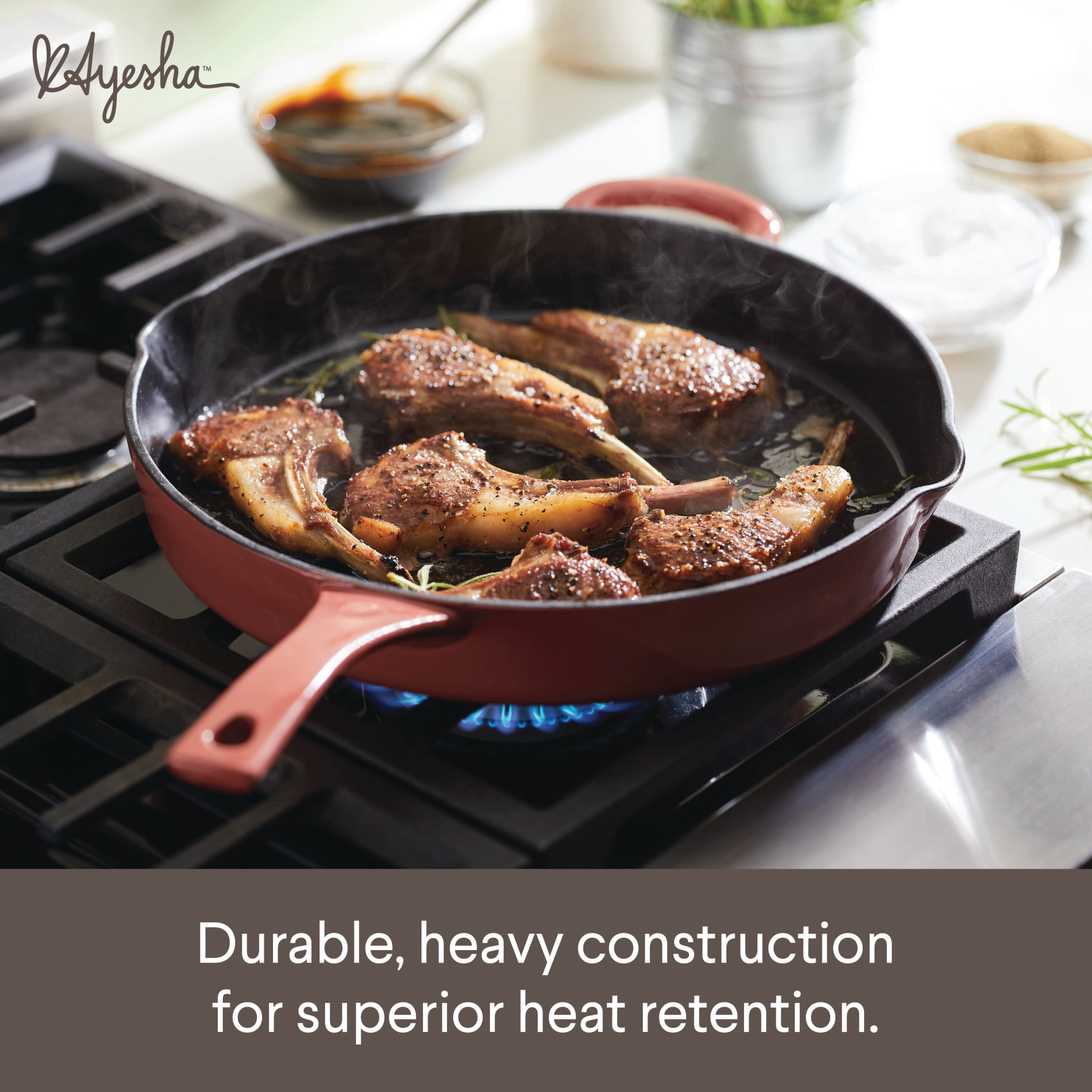 Ayesha Curry Enameled Cast Iron 12 inch Skillet with Helper Handle and Pour Spouts, Redwood Red