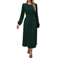 thumbnail image 3 of Women'S Midi Dress Long Puff Sleeve Wrap Crew Neck Flowy Ruffle Pleated Casual Fall Dresses Dark Green S, 3 of 9