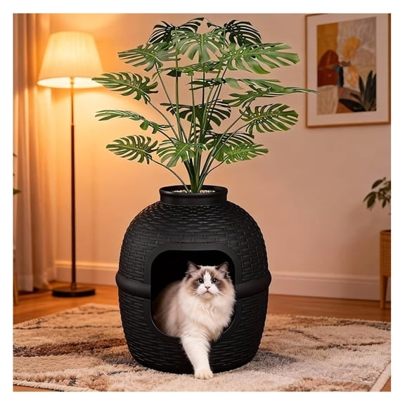 Cat Litter Box with Plant, Large Rattan Litter Box Enclosure Furniture - Black PP Heavy Duty, Indoor Hidden Cat Potty for Home Decor