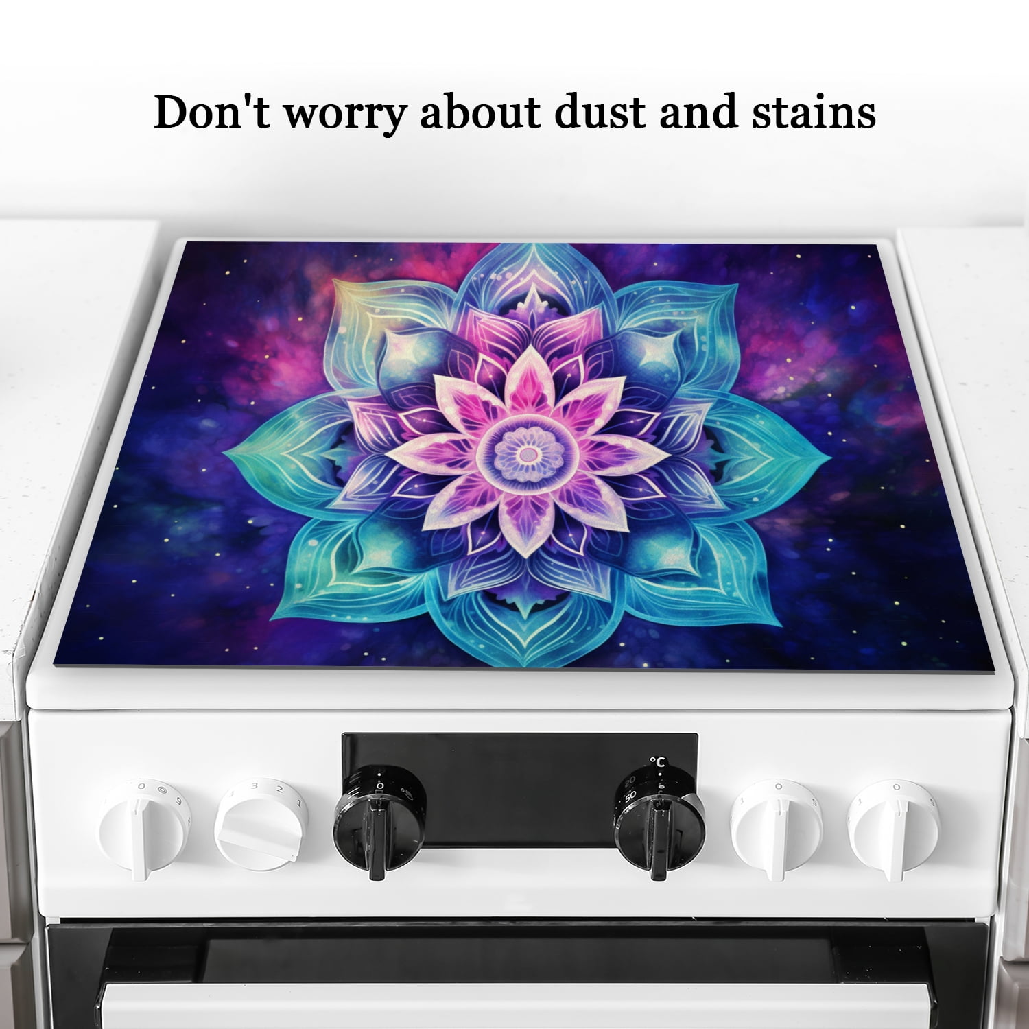 Glass Induction Cooktop Protector Mat, Blue and Purple Fantasy Mandala Flower Anti-slip Glass Stove Cover for Electric Stovetop, Foldable kitchen Decor Pad for Kitchen RV (28×20 Inch)