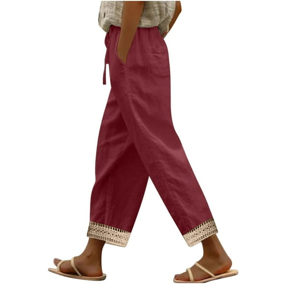 ABATAB Summer Pants for Women Lightweight Cotton Linen Pants Casual Lace Beach Drawstring Trousers with Pockets