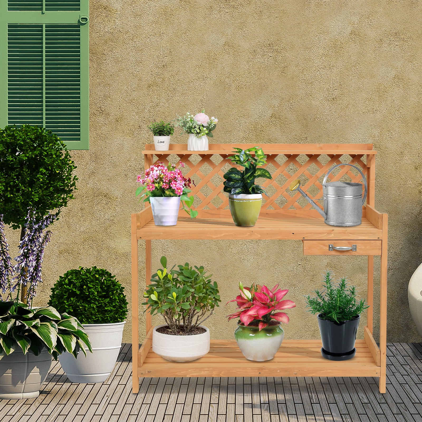 BTMWAY Potting Bench, 3 Tier Outdoor Garden Potting Table, Wood Planter Gardening Table with