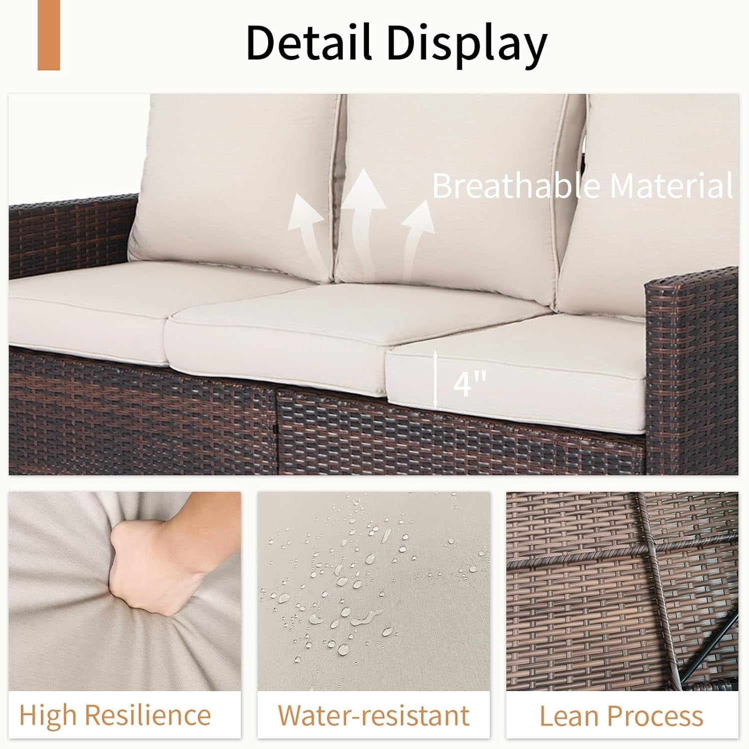 EortheX Outdoor Patio Sofa, 3-Seat Rattan Wicker Couch for Garden Deck or Porch, Comfortable All-Weather Patio Furniture with Anti-Slip Cushions (Beige)