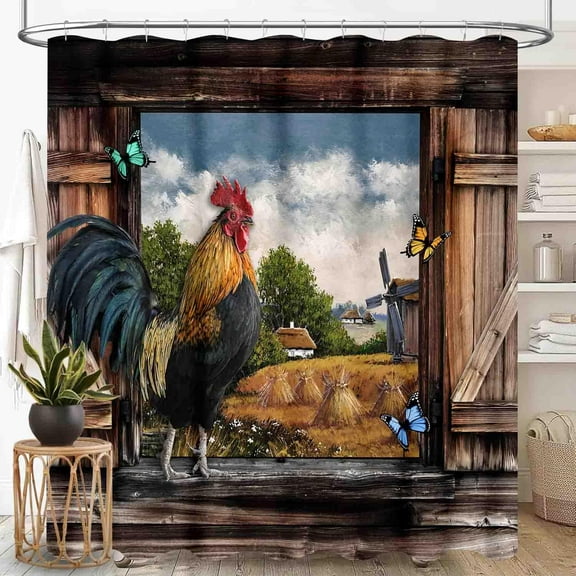 Chicken Shower Curtain, Farmhouse Country Farm Animal Rural Rustic Rooster Lodge Cabin Rural Style Vintage Waterproof Fabric Bathroom Shower Curtain Set with Hooks-72"W x 74"L (Pack of 1)