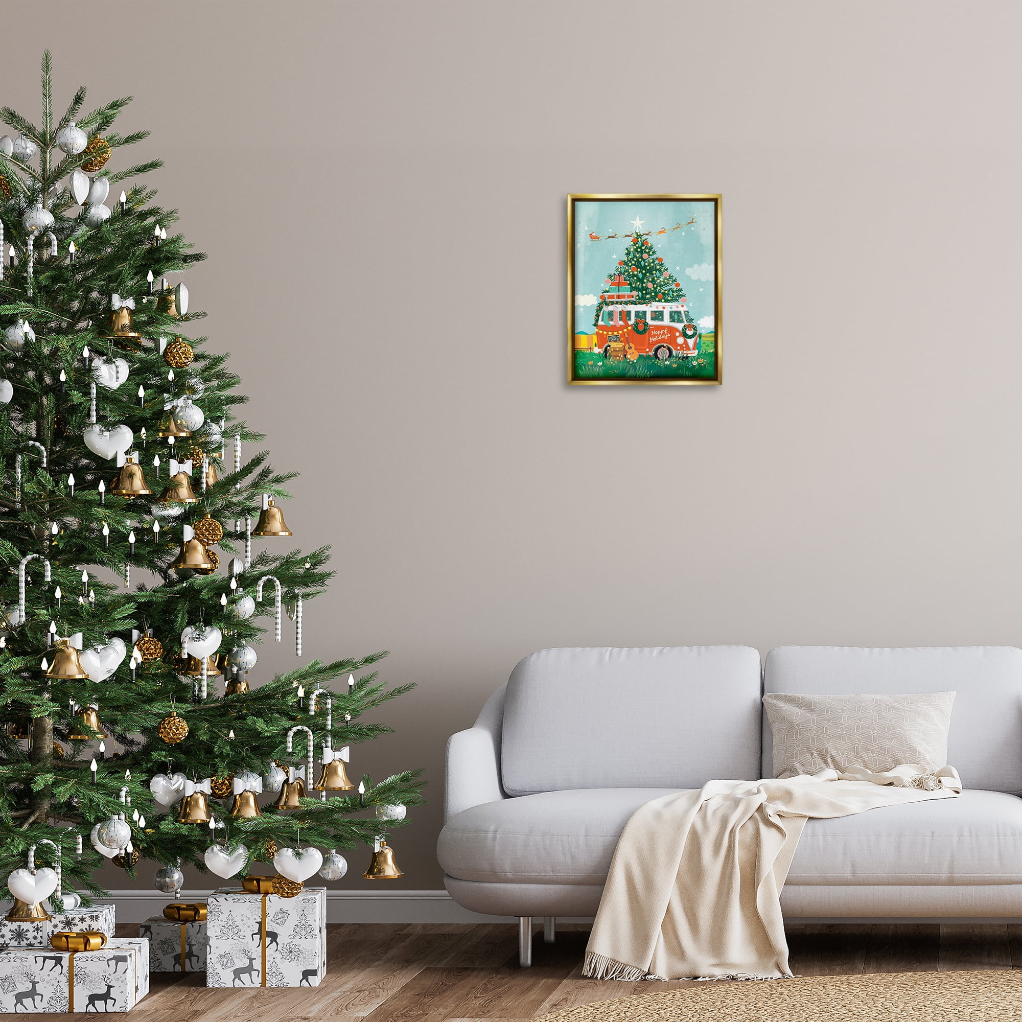 Stupell Industries Christmas Van Hangout Holiday Painting Gold Floater Framed Canvas Art Prints Wall Art, 17 x 21