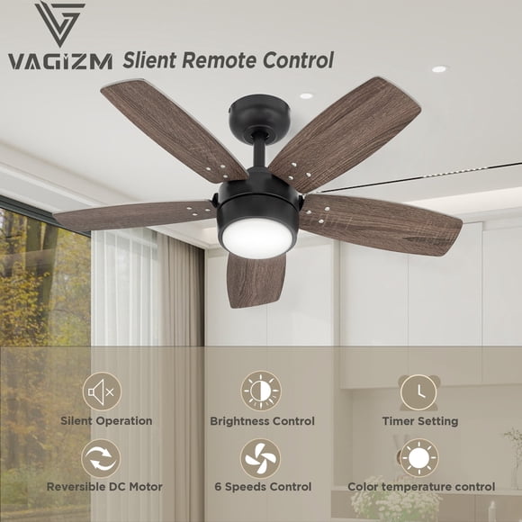 Ventilateur de Plafond Remis à Neuf Vagizm CFL-007W5, 36 Pouces, Moteur DC Silencieux Réversible, Lumière LED Dimmable avec 3 Températures de Couleur, Pales en Bronze et Noyer, Télécommande, Économe en Énergie