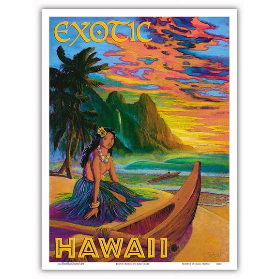 Exotic Hawaii - Hawaiian Hula Girl - Vintage Hawaiian Travel Poster by Rick Sharp - Master Art Print (Unframed) 9in x 12in