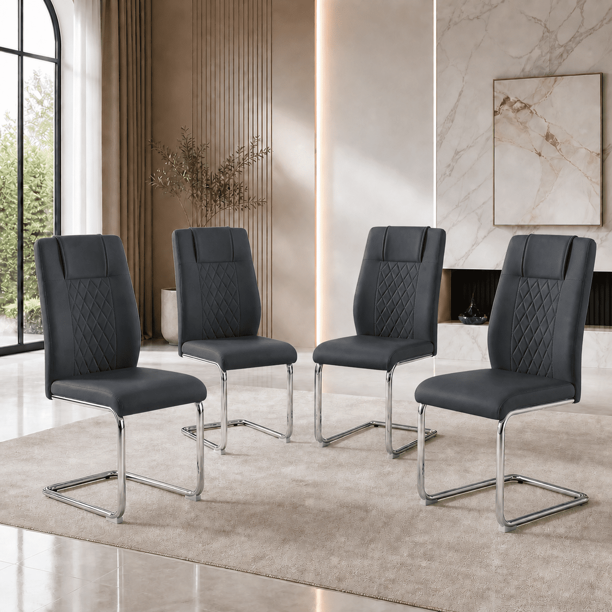 JUFU Modern Black Dining Chairs Set of 4, Faux Leather High Back with Chrome Legs