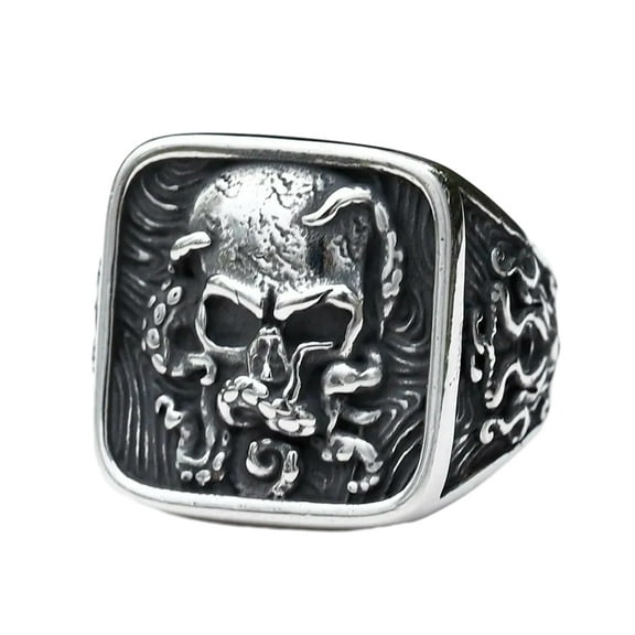 ZMY Home Gothic Pirate Skull Ring - Stainless Steel Signet Ring for Men - Octopus Kraken Tentacle Design Jewelry Gift (11)