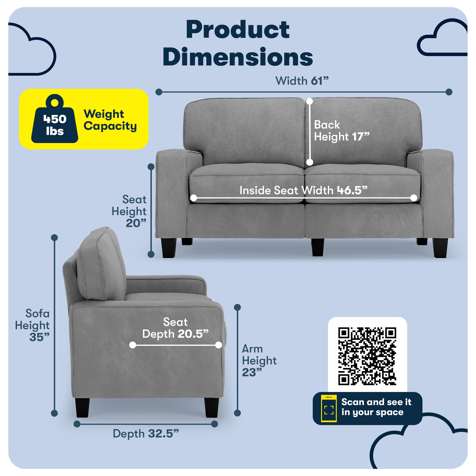 Serta Palisades 61-Inch Track Arm Sofa, Easy Care Polyester, Loveseat for Small Spaces, Glacial Gray