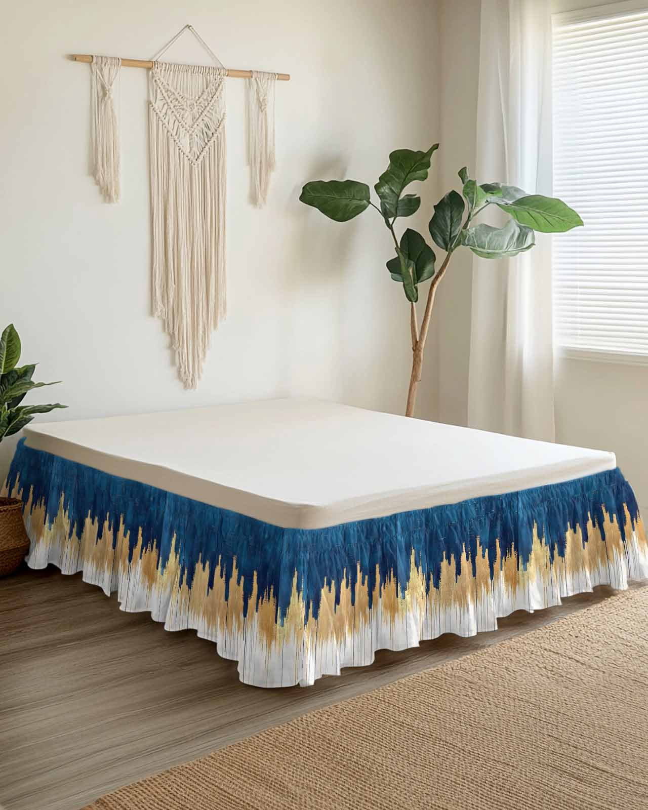 Blue Gold Wrap Around Bed Skirts for Queen Bed 16" Drop,Bed Skirt with Adjustable Elastic Belt Dust Ruffle Bed Valance for Bedroom Hotel Modern Street Art Splatter Foil Painting Bed Frame Cover