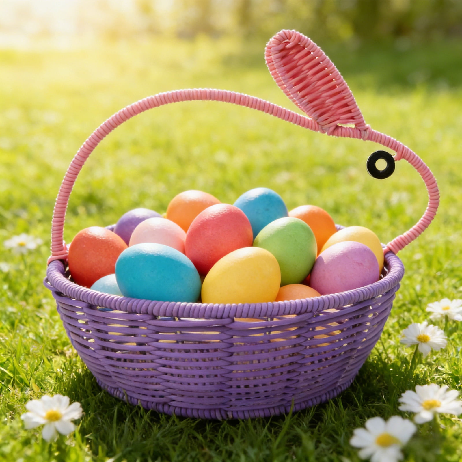 Easter Woven Basket & Woven Rabbit - Woven Baskets for Storage, Handheld Plastic Storage Basket with Chicken & Egg Decor, Spring Gift Basket, Flower Holder, Home Decorative Organizer