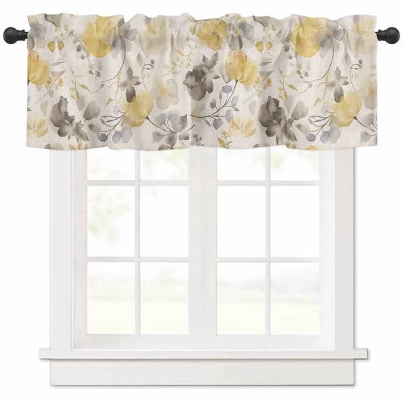 Hokiten Rod Pocket Curtain Valance, Yellow Grey Botanical Farmhouse Window Valance for Living Room, Bedroom, Kitchen Spring Floral Watercolor Rustic 42"W x 12"L