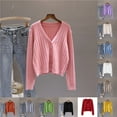 thumbnail image 3 of Womens And Winter V Neck Knitted Sweater Tops Long Sleeves Loose Short Cardigan Khaki YIWEI, 3 of 11