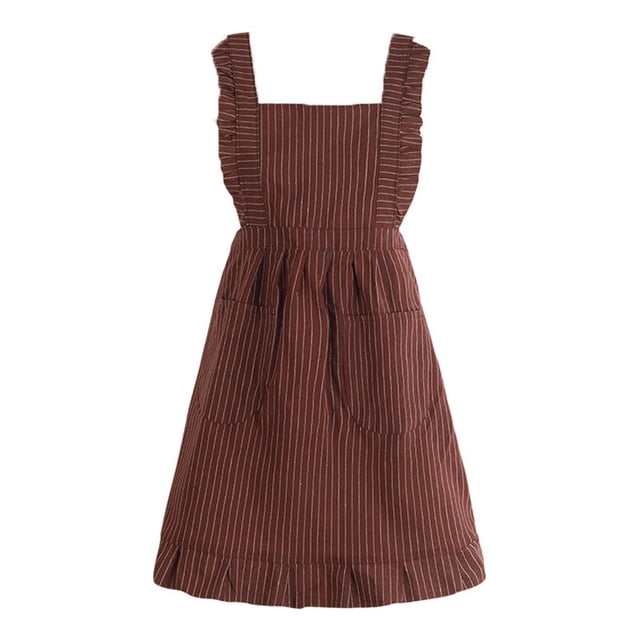 Visland Kitchen Apron Soft Texture Double Pocket Design Breathable Striped Shirring Oil-proof A-line Adjustable Dinner Apron for Florist's Shop