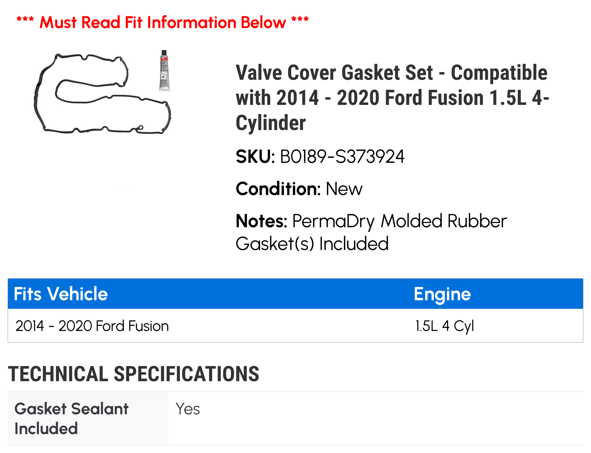 Valve Cover Gasket Set - Compatible with 2014 - 2020 Ford Fusion 1.5L 4-Cylinder 2015 2016 2017 2018 2019
