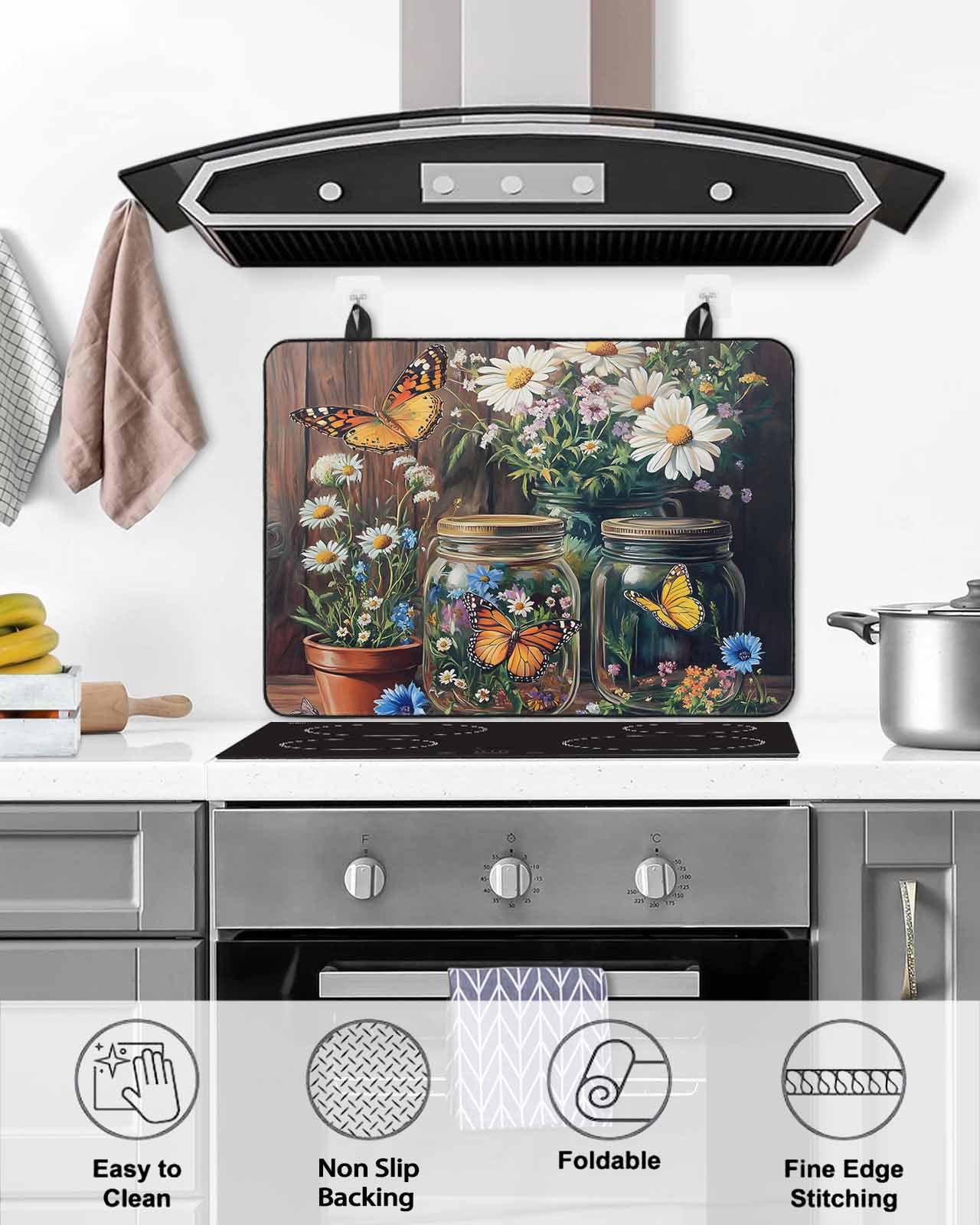 nqOlkjepod Large Induction Cooktop Protector Mat 36"x21", Butterfly Floral Stove Top Covers for Electric Stove, Country Daisy Wildflower Brown Barn Door Stove Burner Cover Mats Stove Cover