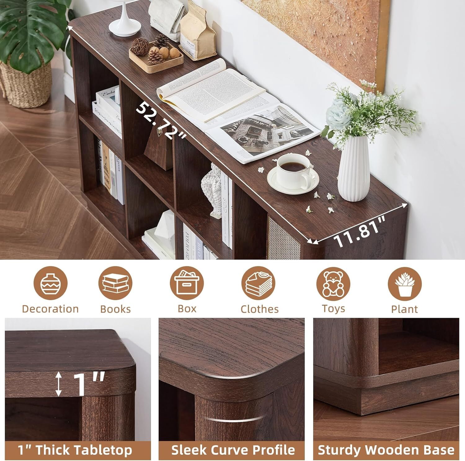 Joaxswe 52" Wood Horizontal 8-Cube Bookshelf, Farmhouse Long Bookcase, Low Wide Shelf for Under Window, Walnut, Office, Bedroom, Living Room