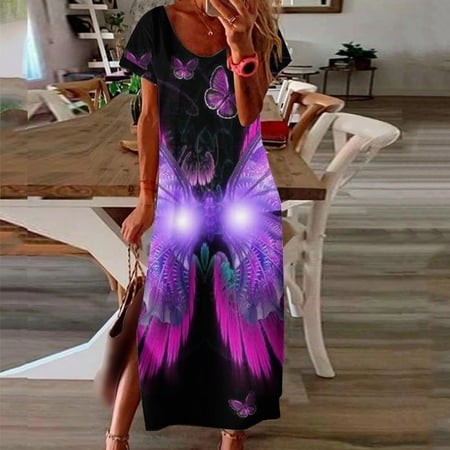 

Yuelianxi Women Long Casual Loose Gradient Flower Print Short Sleeve Round Neck Side Slit Long Dress