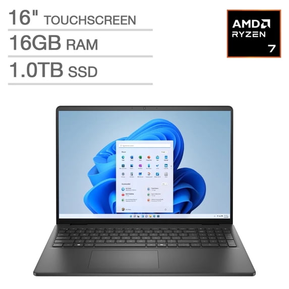Restored Dell 16 16" FHD+ Touchscreen AMD Ryzen 7 250 3.3 GHz 16GB DDR5 1TB SSD AMD Radeon Graphics Windows 11 Home Laptop, Black - LDC16255-A087BLK-PUS