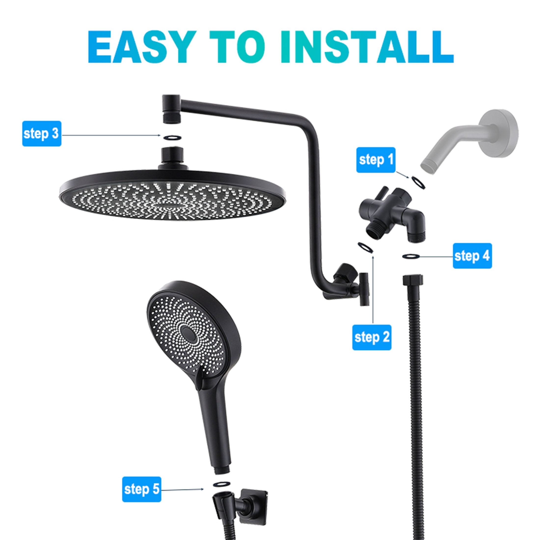 YDmeet 10 Inch 3-Way Shower Combo, Upgraded 12 Inch Adjustable Arm, Matte Black