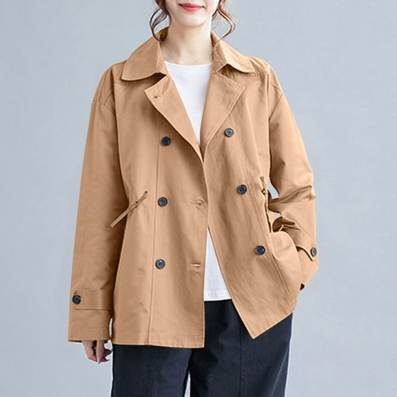 EGNMCR Womens Short Trench Coat Oversized Double Breasted Stand Collar Cropped Jacket Fall Casual Work Outerwear Fall Winter