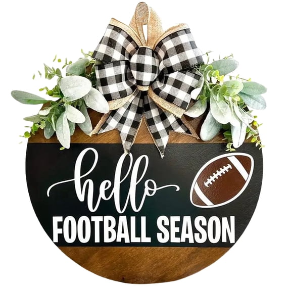 Fall Football Welcome Wreath for Front Door, Door Sign with Bow | Wooden Game Day Porch Entry Accent, Farmhouse Wall Decor, Autumn Sports Theme, Hanging Door Hanger, Home Front Party Favors