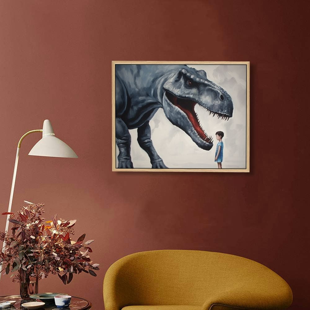 JRXY Dinosaur Canvas Wall Art - Cute Baby Boy Touching Dinosaur - Stretched and Framed Ready to Hang - Artworks Pictures for Home Bathroom Kids Room Bedroom Decor Picture 3