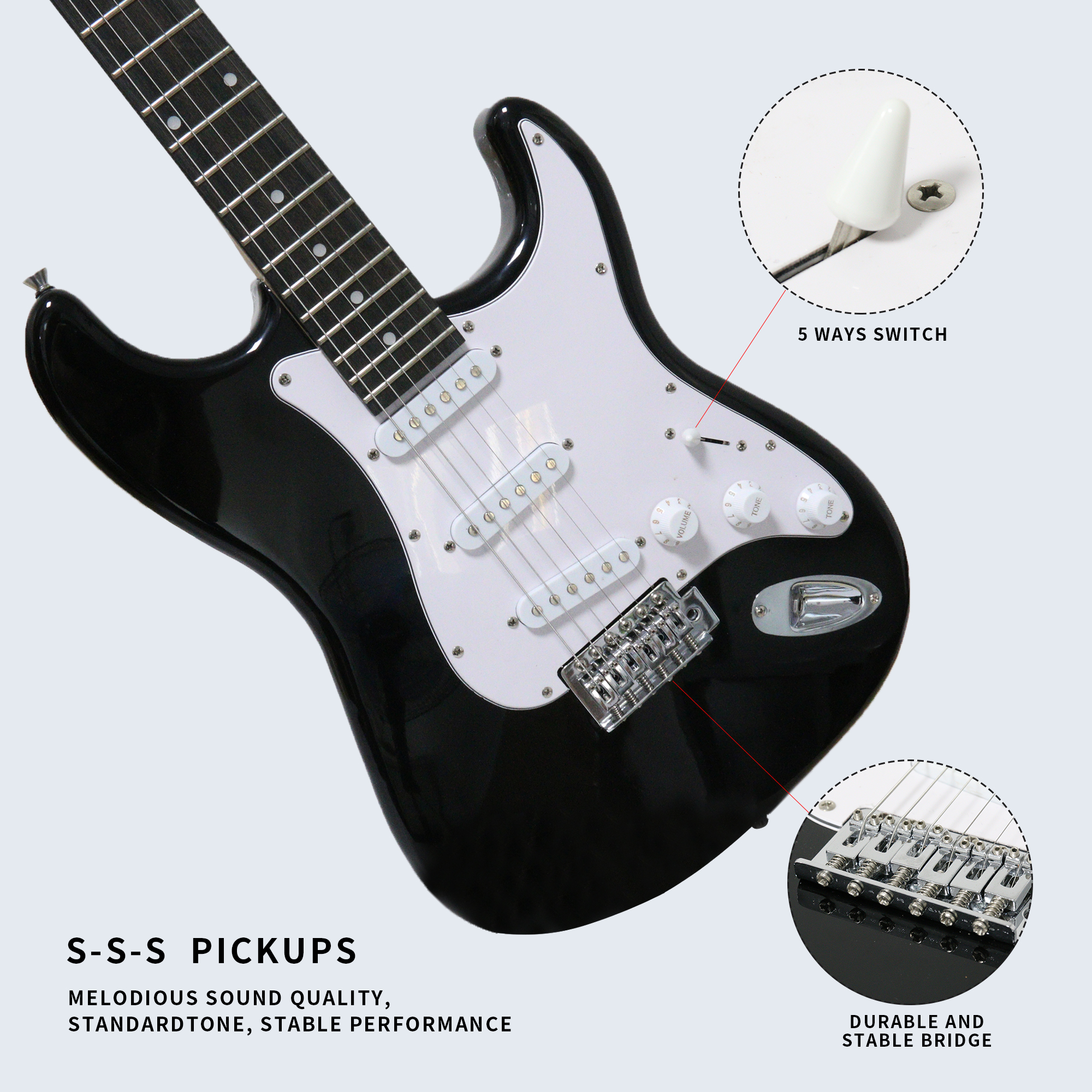 Likegreen Adjustable Bridge Electric Guitars with Bag & Tuner, Black