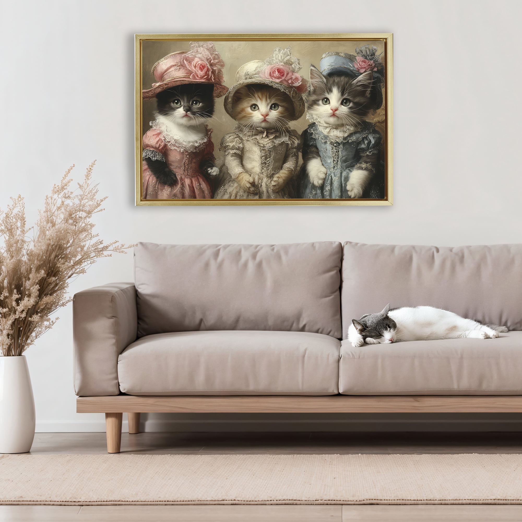 Stupell Industries Vintage Dress Cats Gold Framed Floater Canvas Wall Art, design by The Wands Want