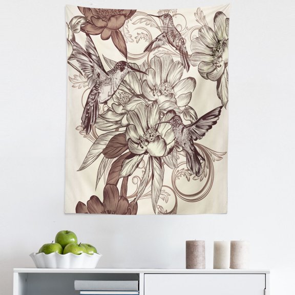 Hummingbirds Tapestry, Pattern with Birds and Flowers Classic Style Ornamental Design Floral Print, Fabric Wall Hanging Decor for Bedroom Living Room Dorm, 5 Sizes, Ivory Brown, by Ambesonne