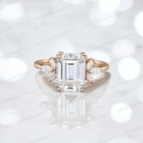 KANISHKAGEMS&JEWELS 8x6MM / 2Ct Emerald Cut Moissanite Proposal Ring Colorless Gemstone Promise Ring CZ Diamond Cluster Women Jewelry Happy Holiday Gift Ring