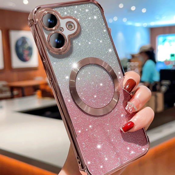 For iPhone 17 Magnetic Case,Luxury Clear Gradient Sparkly Glitter Plating Edge Clear Case Compatible with MagSafe for Women Girls Soft TPU Rubber Shockproof Slim Phone Case,Pink