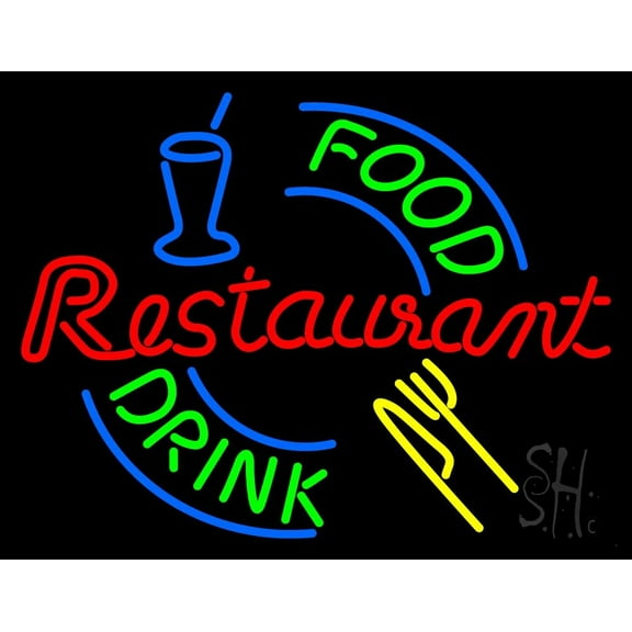 Food And Drink Restaurant Logo LED Neon Sign 24 x 31 - inches, Black Square Cut Acrylic Backing, with Dimmer - Bright and Premium built indoor LED Neon Sign for restaurant window and interior decor.