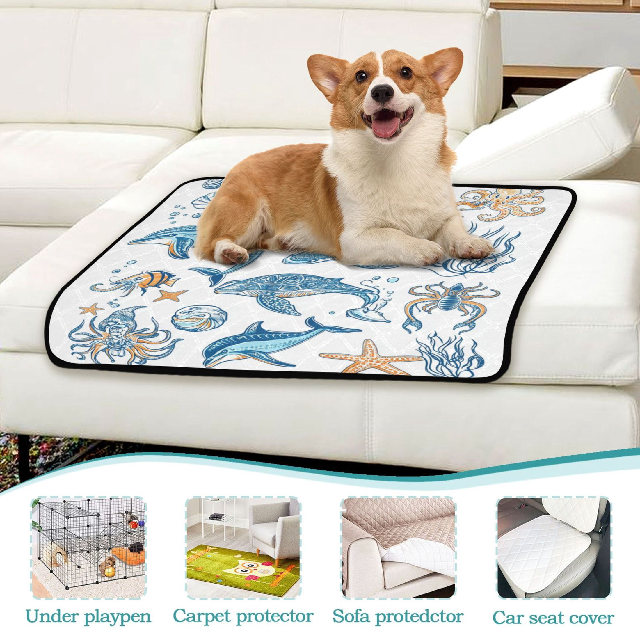 Washable Pet Pee Pads with Super Absorbent Reusable Training Pads for Dogs & Cats Ocean-themed Pattern