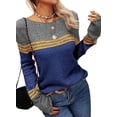 thumbnail image 2 of Women Autumn Winter Colorblock Pullover Sweaters Round Neck Striped Slim Fitting Knitwear Tops, 2 of 9