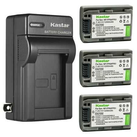 Kastar 3-Pack Battery and AC Wall Charger Replacement for Sony DCR-SR30 DCR-SR40 DCR-SR50 DCR-SR60 DCR-SR70 DCR-SR80 DCR-SR90 DCR-SR100 HDR-HC3 HDR-HC3E DCR-DVD103 DCR-DVD105 DCR-DVD202
