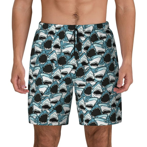 Kdxio Angry Shark Print Men's Swim Trunks with Compression Liner 7 Inch Inseam Quick Dry Swim Shorts