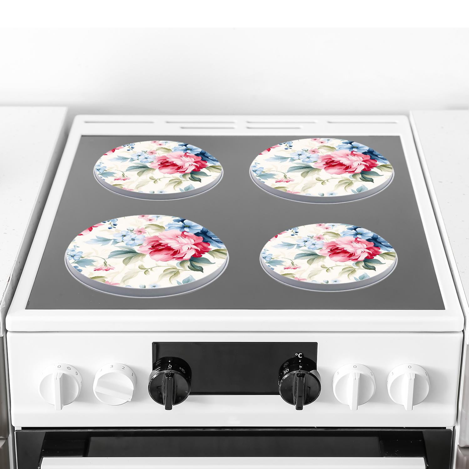 Metal Stove Burner Covers 4 Pcs Metal Round Stove Burner Covers 8Inch And 10Inch ,Pink Rose & Blue Flower Floral image, for Home Decor Cooktop Decorative
