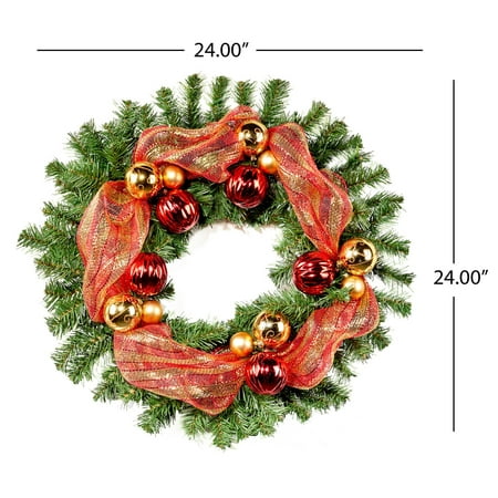 Noble House - 24-inch Noble Fir Pre-Lit Warm White LED Pre-Decorated Artificial Christmas Wreath - Green, Red, Gold