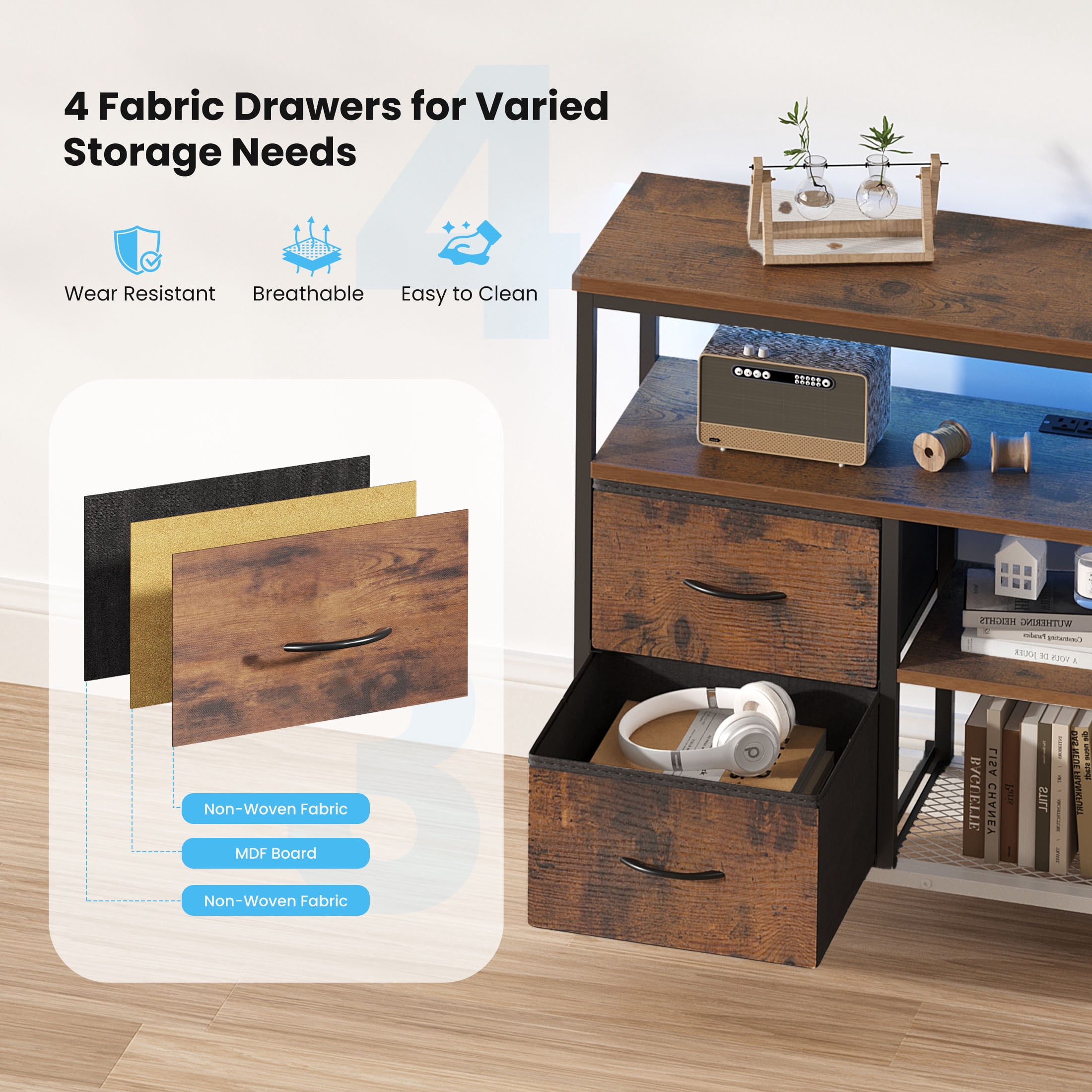 MCQ 43" TV Stand with 4 Fabric Drawers, Built-in Outlet - Perfect for Living Room and Bedroom, Rust