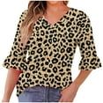 thumbnail image 2 of Oksale Leopard Print Shirts for Women 3/4 Ruffle Sleeve Cotton Office Blouses Casual V Neck Fashion Clothing Soft Comfortable Tops Khaki S, 2 of 7