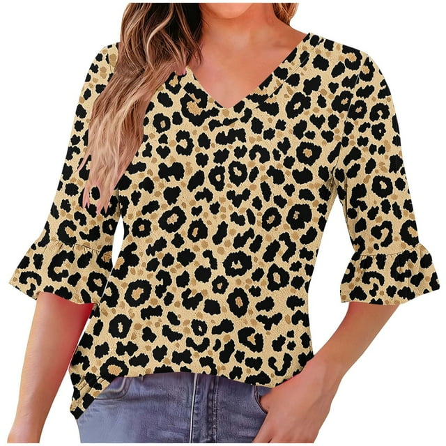 Womens Top,Casual Regular Printed V-Neck Quarter Sleeve Daily Pleated Ruffle,Womens Casual Tops