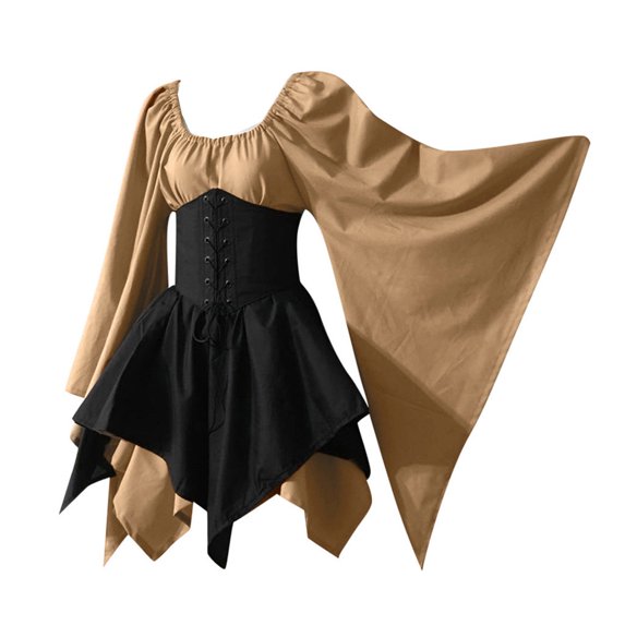 Renaissance Corset Set, Halloween Cosplay Outfit, Womens Traditional Irish Dress Renaissance Medieval Costume Flare Sleeve Corset Halloween Victorian Short Dress , Light Brown 3XL