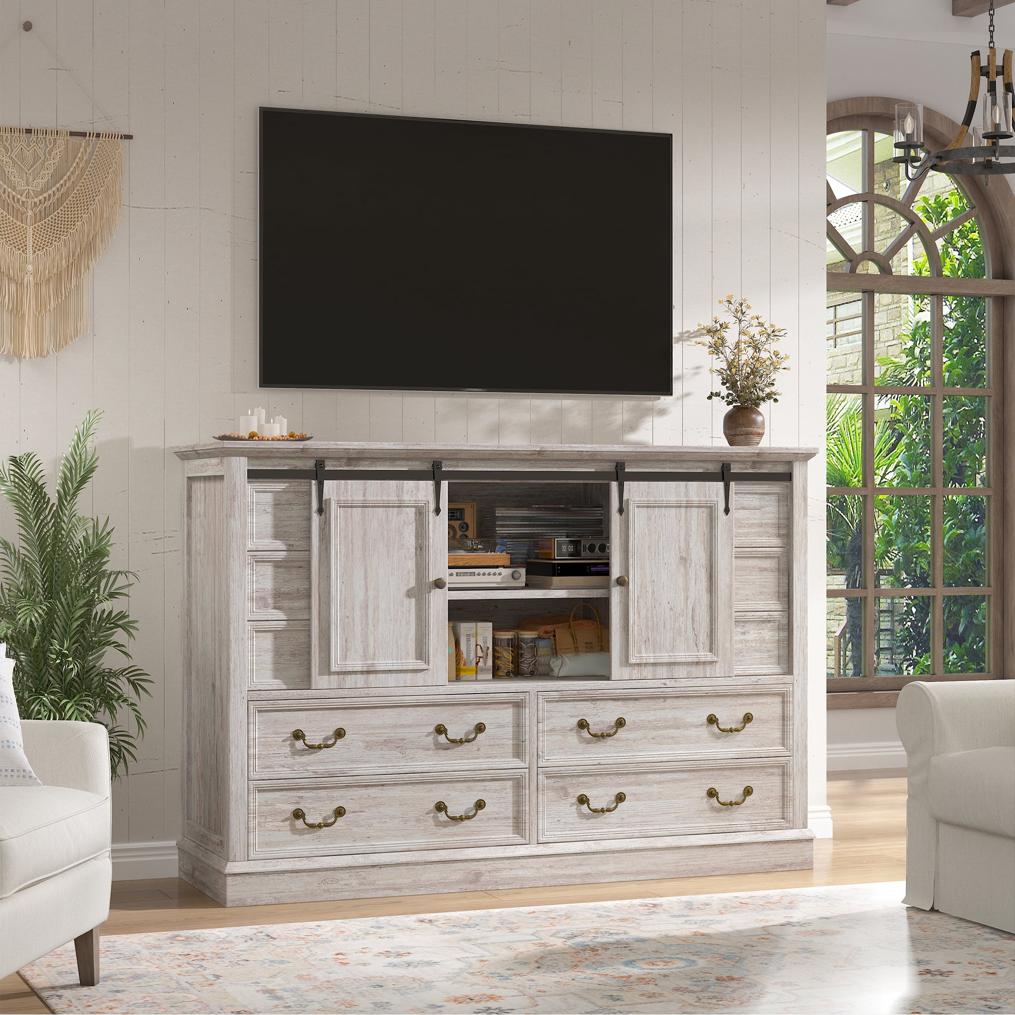 10 Drawers Dresser for Bedroom,Farmhouse Wood Dresser with Smoothly Sliding Barn Doors,Chest of Drawers 55" Wide TV Stands for Living Room,Hallway,Entryway ,Light Rustic Oak