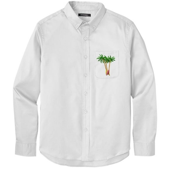 Men's PALM TREES with SURFBOARDS PATCH Twill Shirt with Pocket, Medium White