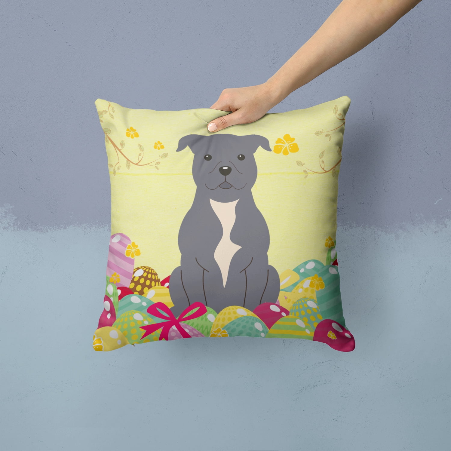 Caroline's Treasures BB6046PW1414 Easter Eggs Staffordshire Bull Terrier Blue Fabric Decorative Pillow , 14Hx14W,