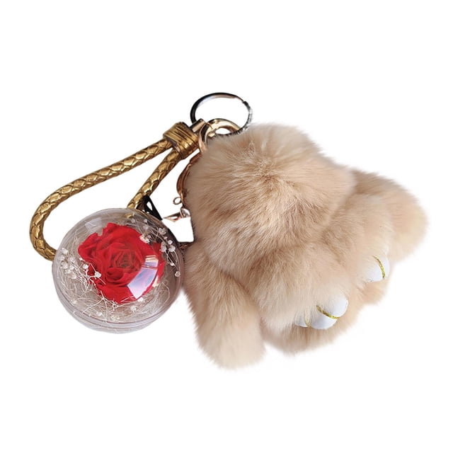 Fwttom Model Handmades Soft Bunny Pompom Charmss Bunny Car Key Chain Pendant Everlasting Flower