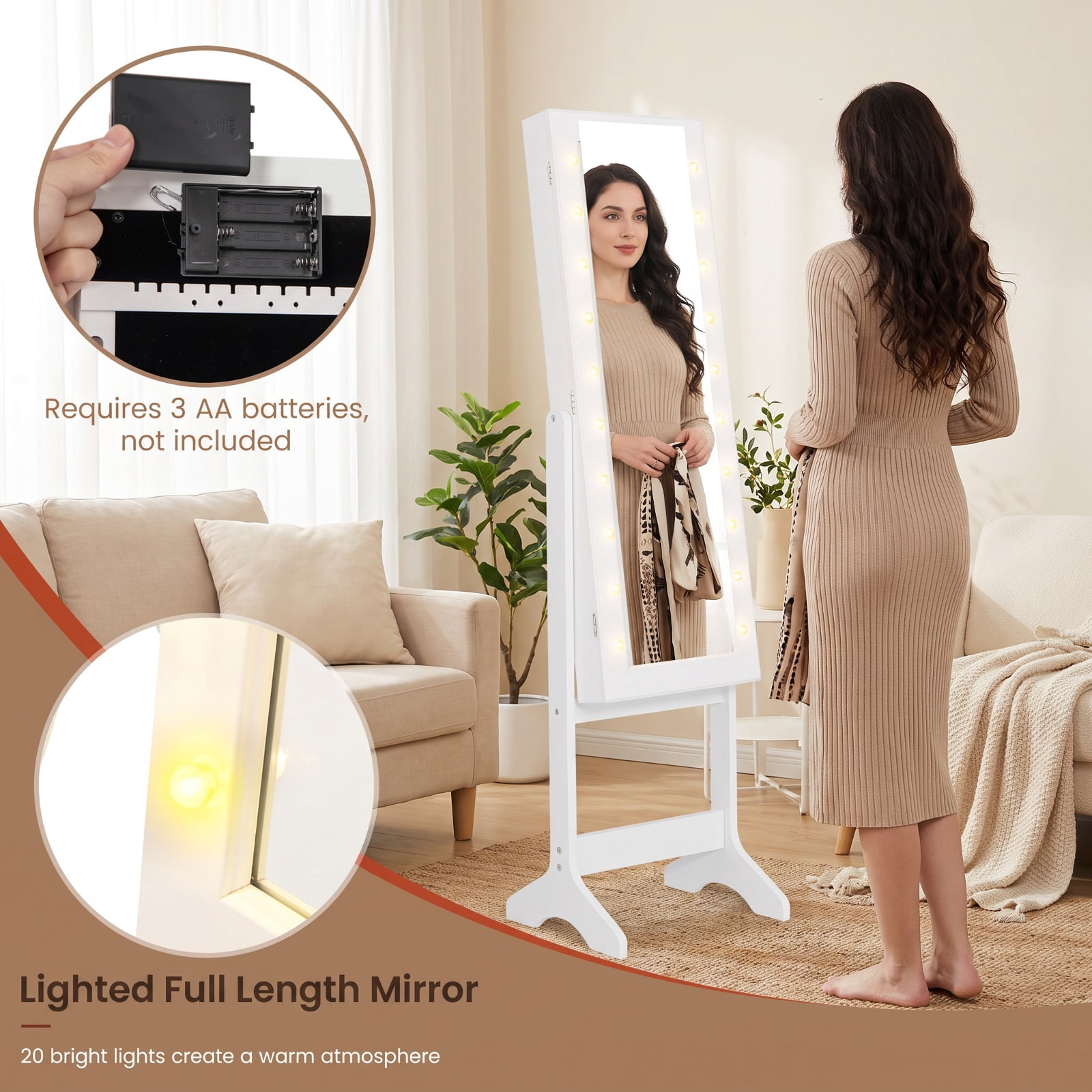 Furnibear Mirror Jewelry Cabinet with 20 Warm Lights and 4 Tilt Angles for Bedroom Dressing Room Jewelry Necklace Rings Storage Mirror, White
